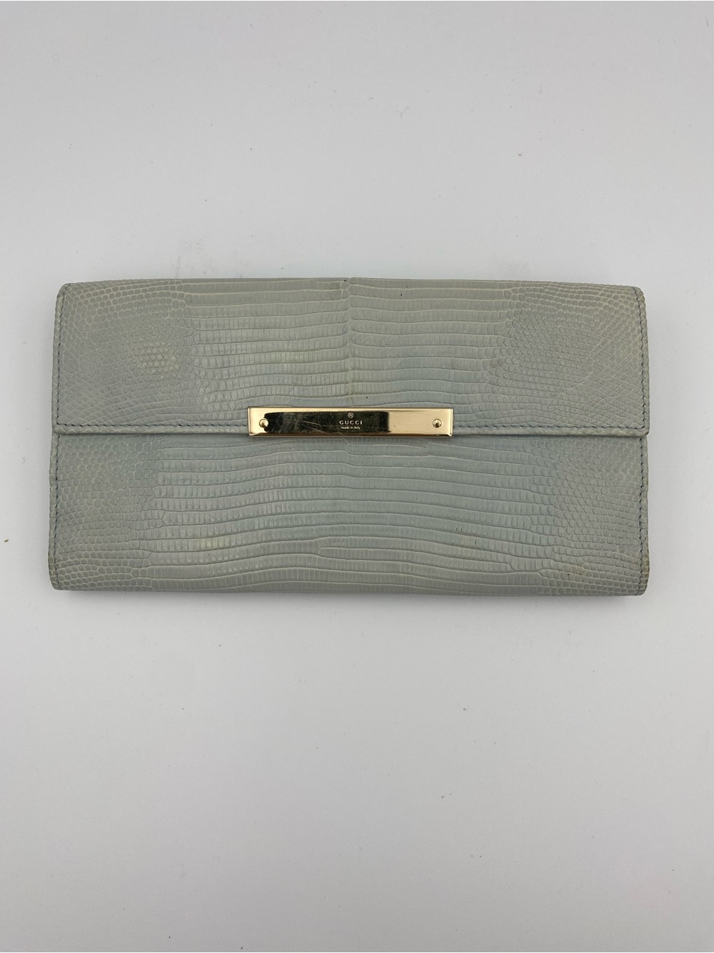 Gucci Pale Gray Lizard-Embossed Leather Wallet with Gold Bar vintage